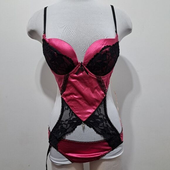 Body Rage Intimates Sexy Bodysuit Mesh Vixen Whimsygoth Lace Trim Large Pink/Bla - Picture 15 of 15